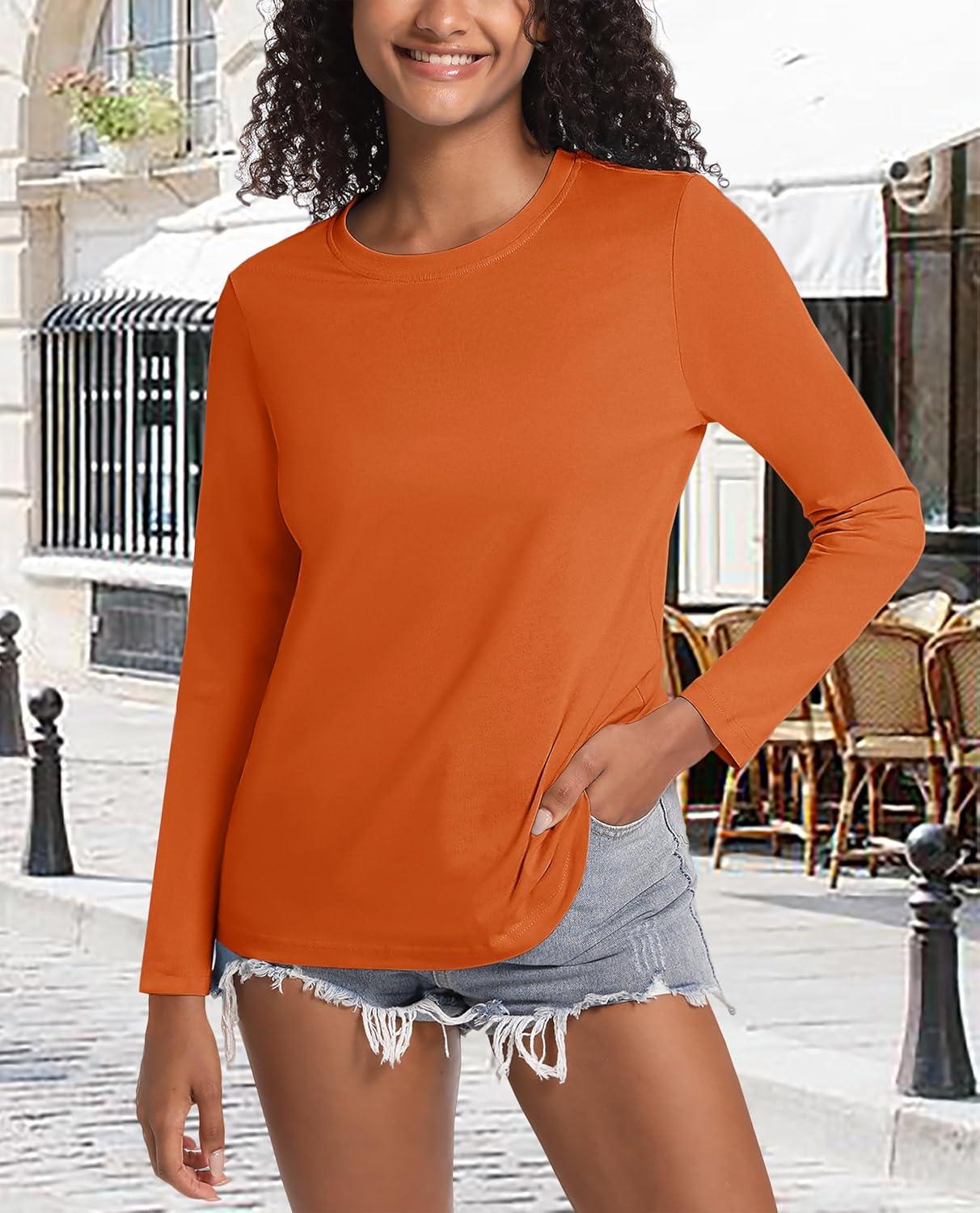 imageMAGCOMSEN Womens LongSleeve CrewNeck Cotton TShirt ClassicFit Shirt Soft Breathable Casual Tee Basic TopsDeep Orange