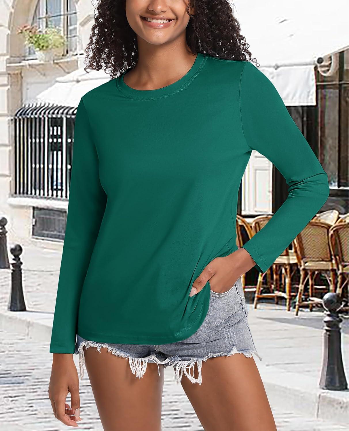 imageMAGCOMSEN Womens LongSleeve CrewNeck Cotton TShirt ClassicFit Shirt Soft Breathable Casual Tee Basic TopsEmerald Green