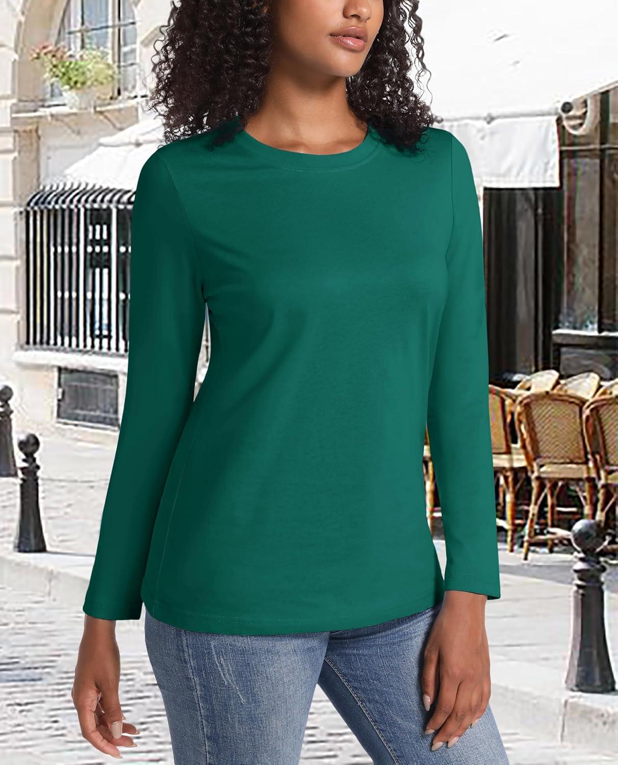 imageMAGCOMSEN Womens LongSleeve CrewNeck Cotton TShirt ClassicFit Shirt Soft Breathable Casual Tee Basic TopsEmerald Green