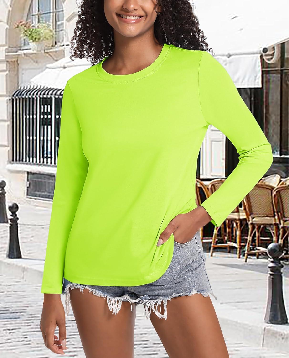 imageMAGCOMSEN Womens LongSleeve CrewNeck Cotton TShirt ClassicFit Shirt Soft Breathable Casual Tee Basic TopsFluorescent Green