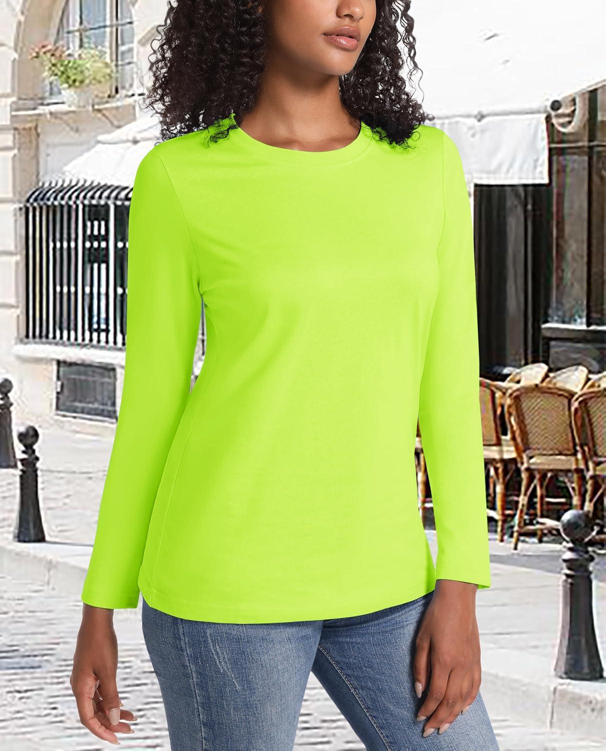 imageMAGCOMSEN Womens LongSleeve CrewNeck Cotton TShirt ClassicFit Shirt Soft Breathable Casual Tee Basic TopsFluorescent Green