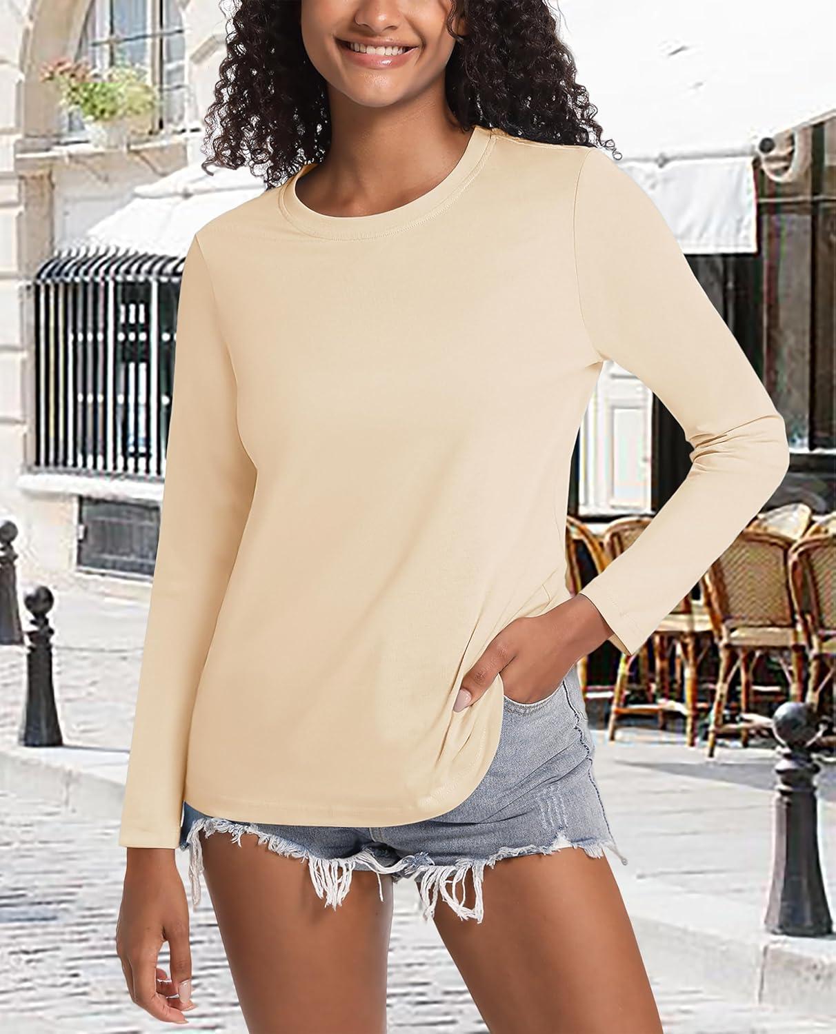 imageMAGCOMSEN Womens LongSleeve CrewNeck Cotton TShirt ClassicFit Shirt Soft Breathable Casual Tee Basic TopsLight Apricot