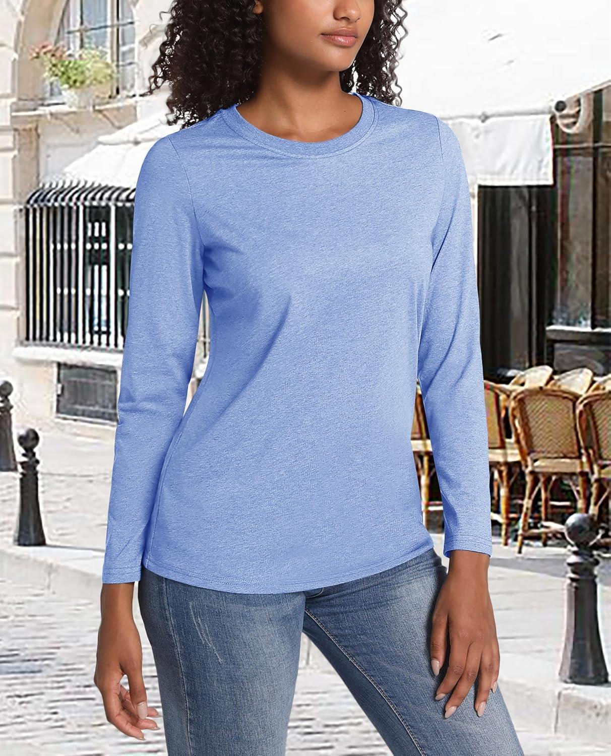 imageMAGCOMSEN Womens LongSleeve CrewNeck Cotton TShirt ClassicFit Shirt Soft Breathable Casual Tee Basic TopsLight Bluegray