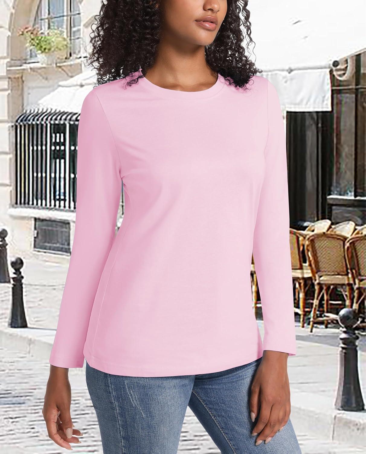 imageMAGCOMSEN Womens LongSleeve CrewNeck Cotton TShirt ClassicFit Shirt Soft Breathable Casual Tee Basic TopsLight Pink