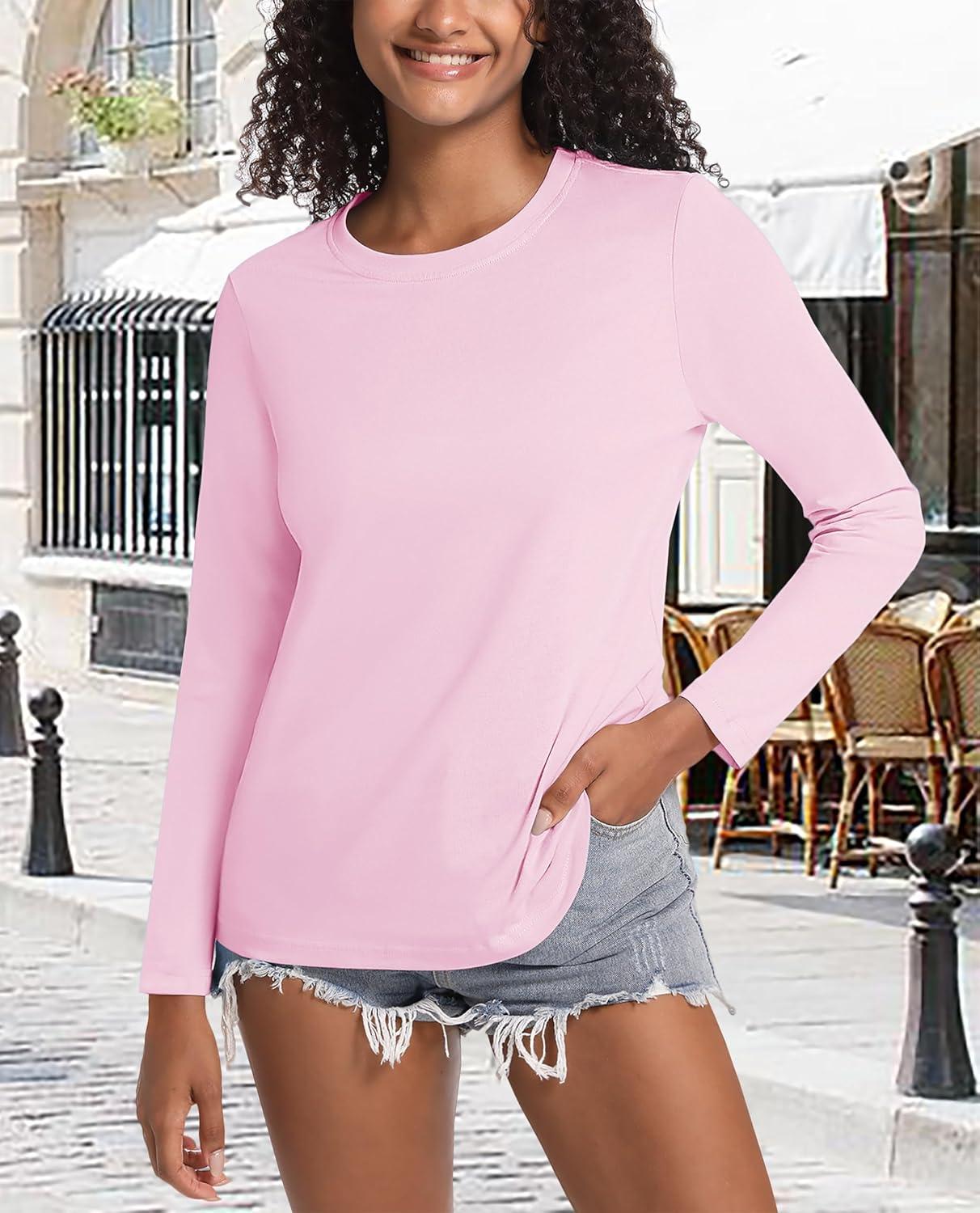 imageMAGCOMSEN Womens LongSleeve CrewNeck Cotton TShirt ClassicFit Shirt Soft Breathable Casual Tee Basic TopsLight Pink
