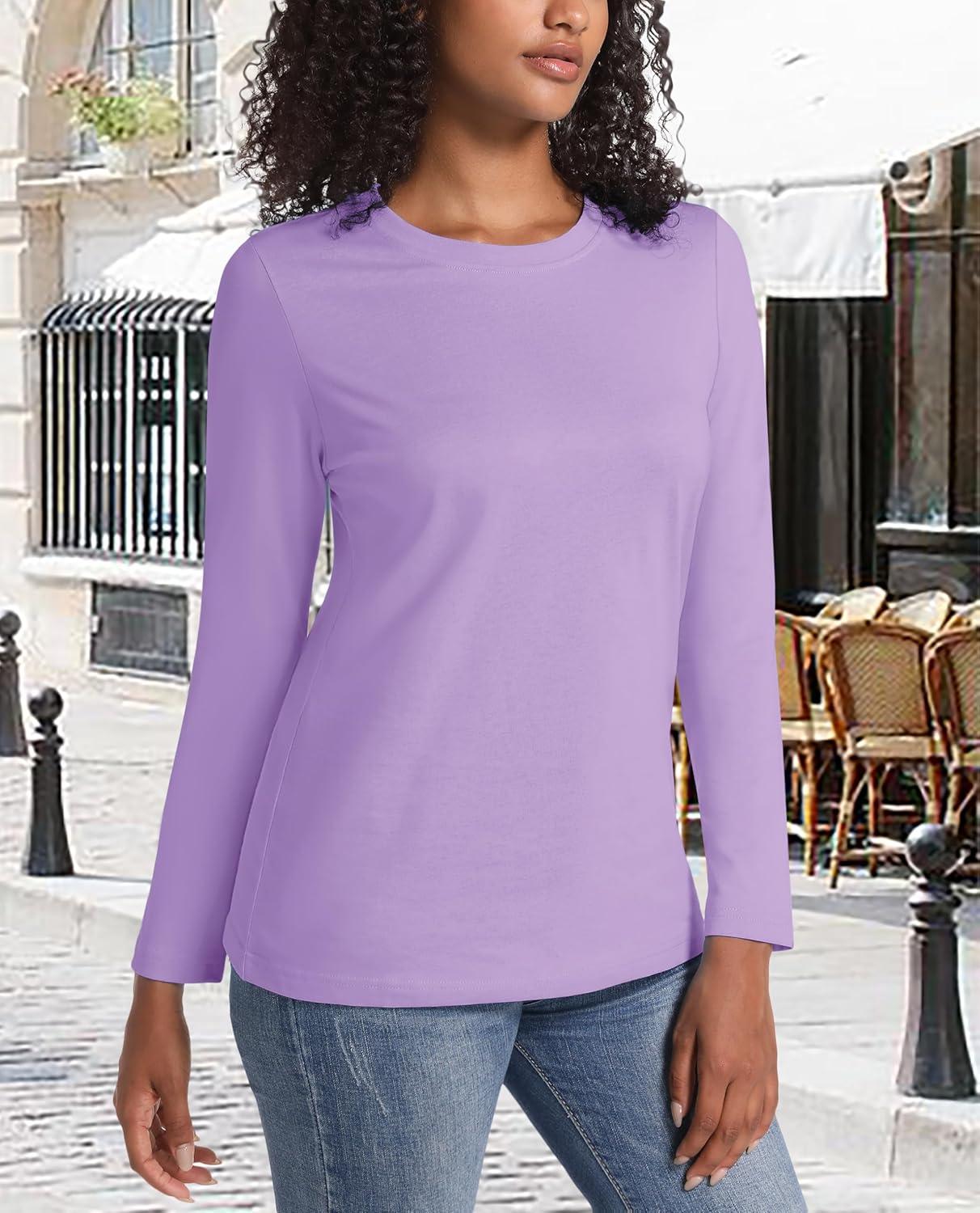 imageMAGCOMSEN Womens LongSleeve CrewNeck Cotton TShirt ClassicFit Shirt Soft Breathable Casual Tee Basic TopsLight Purple