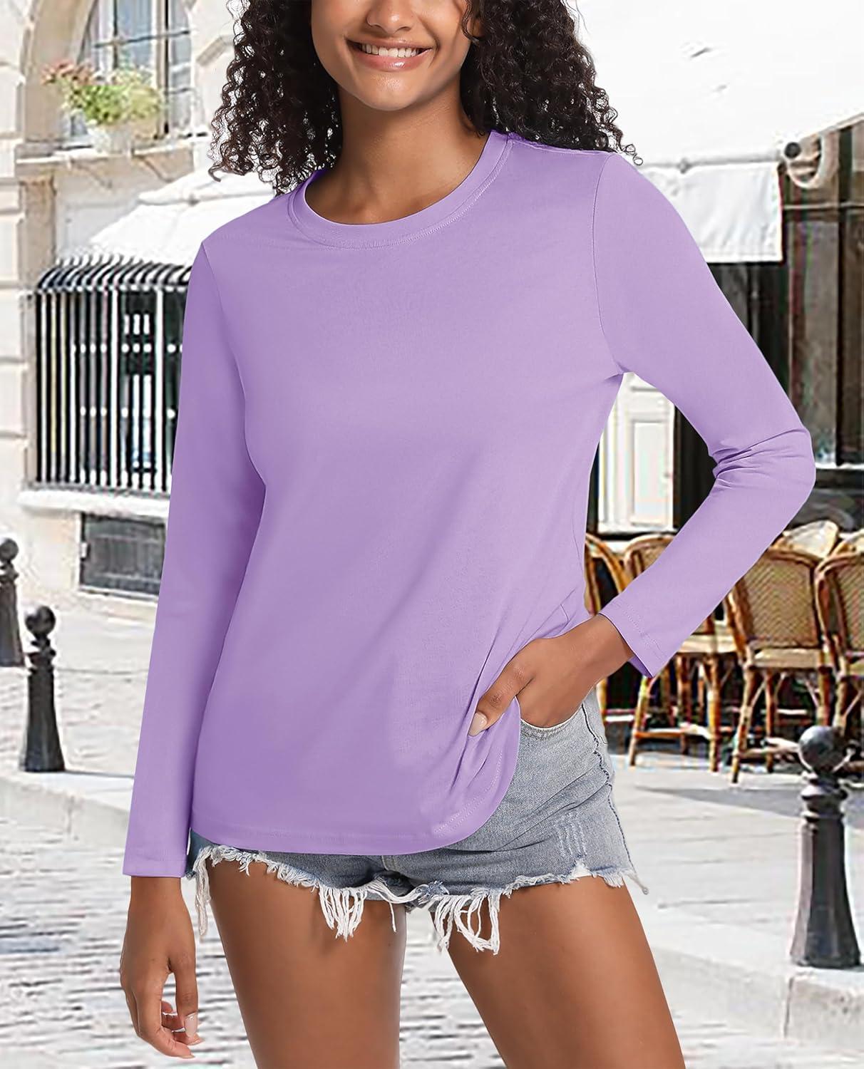 imageMAGCOMSEN Womens LongSleeve CrewNeck Cotton TShirt ClassicFit Shirt Soft Breathable Casual Tee Basic TopsLight Purple