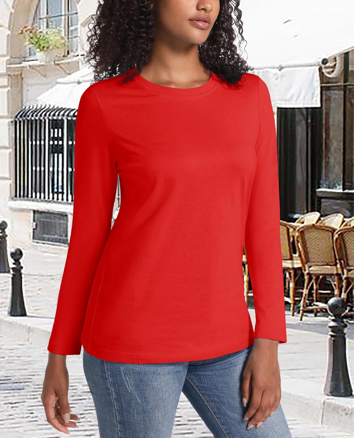 imageMAGCOMSEN Womens LongSleeve CrewNeck Cotton TShirt ClassicFit Shirt Soft Breathable Casual Tee Basic TopsTomato Red