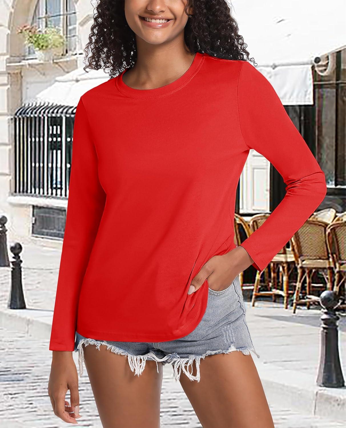 imageMAGCOMSEN Womens LongSleeve CrewNeck Cotton TShirt ClassicFit Shirt Soft Breathable Casual Tee Basic TopsTomato Red
