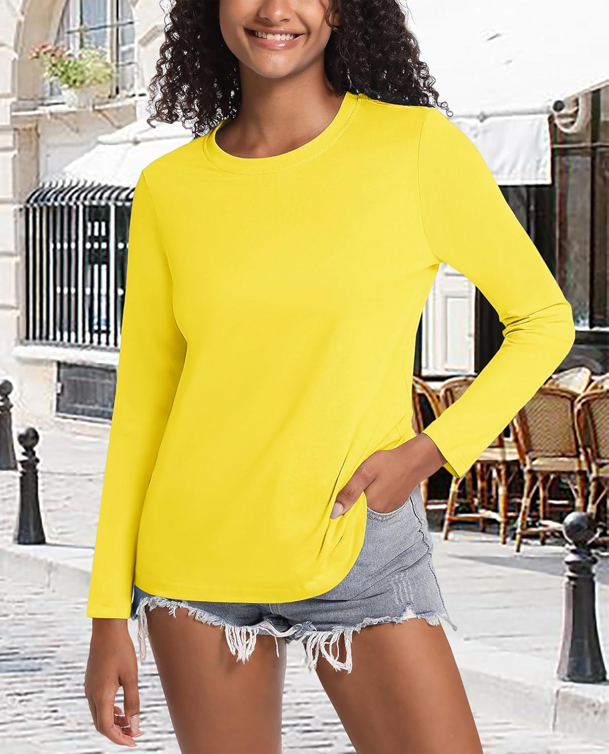 imageMAGCOMSEN Womens LongSleeve CrewNeck Cotton TShirt ClassicFit Shirt Soft Breathable Casual Tee Basic TopsYellow