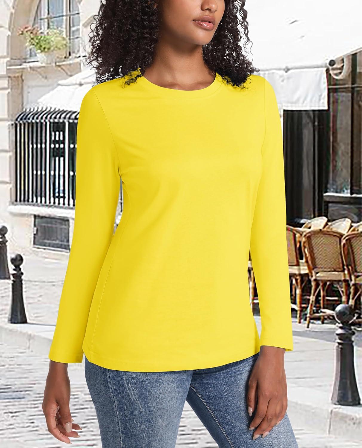 imageMAGCOMSEN Womens LongSleeve CrewNeck Cotton TShirt ClassicFit Shirt Soft Breathable Casual Tee Basic TopsYellow