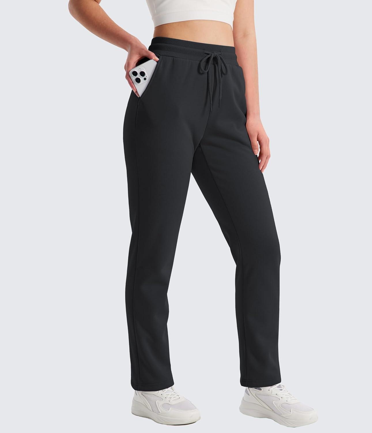 imageMAGCOMSEN Womens Sherpa Lined Sweatpants Winter Warm Fleece Pants Water Resistant Thermal Pants for Lounge Outdoor SnowBlack