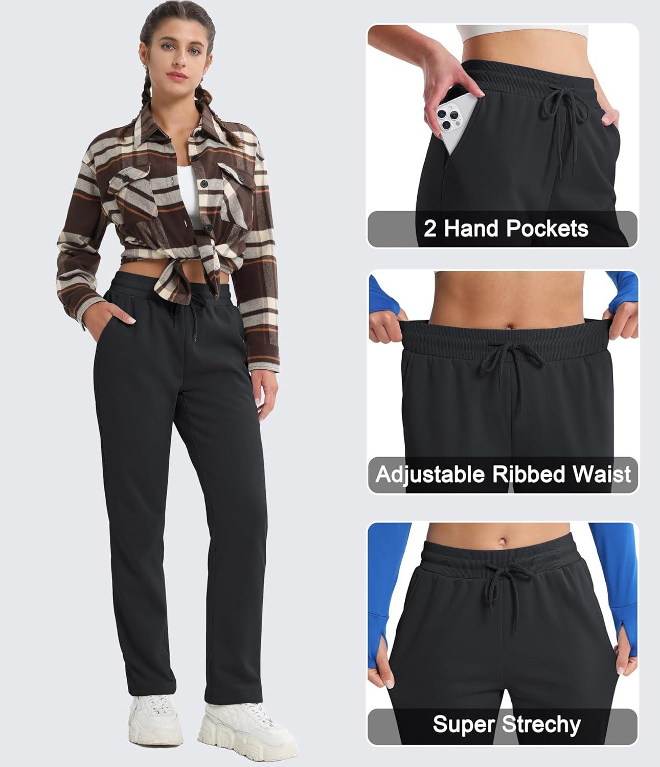 imageMAGCOMSEN Womens Sherpa Lined Sweatpants Winter Warm Fleece Pants Water Resistant Thermal Pants for Lounge Outdoor SnowBlack