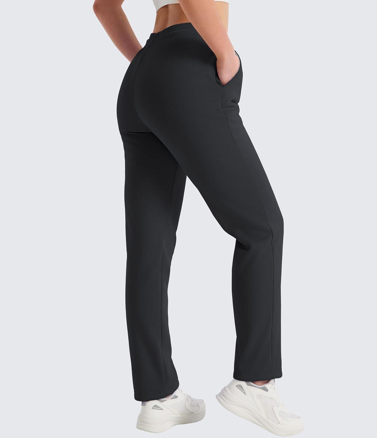 imageMAGCOMSEN Womens Sherpa Lined Sweatpants Winter Warm Fleece Pants Water Resistant Thermal Pants for Lounge Outdoor SnowBlack