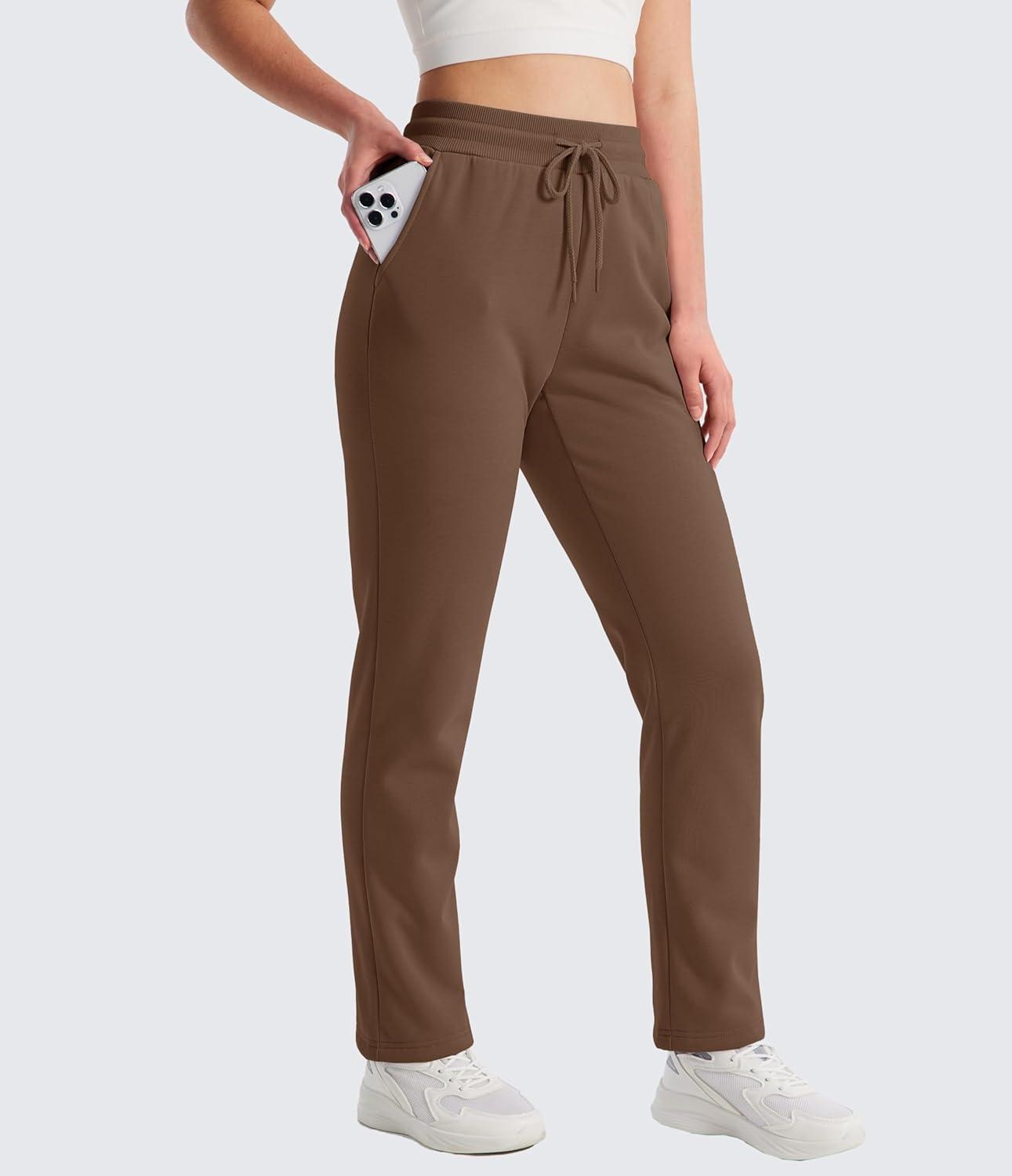 imageMAGCOMSEN Womens Sherpa Lined Sweatpants Winter Warm Fleece Pants Water Resistant Thermal Pants for Lounge Outdoor SnowBrown