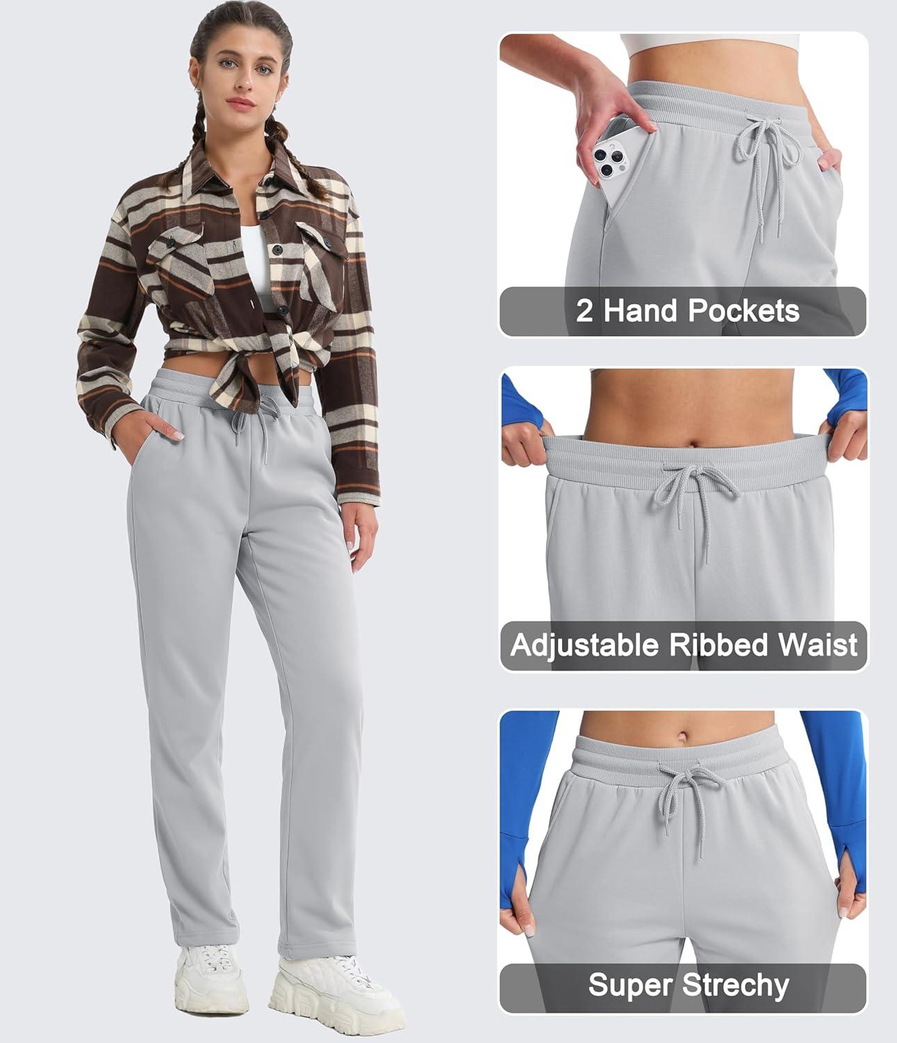 imageMAGCOMSEN Womens Sherpa Lined Sweatpants Winter Warm Fleece Pants Water Resistant Thermal Pants for Lounge Outdoor SnowLight Grey