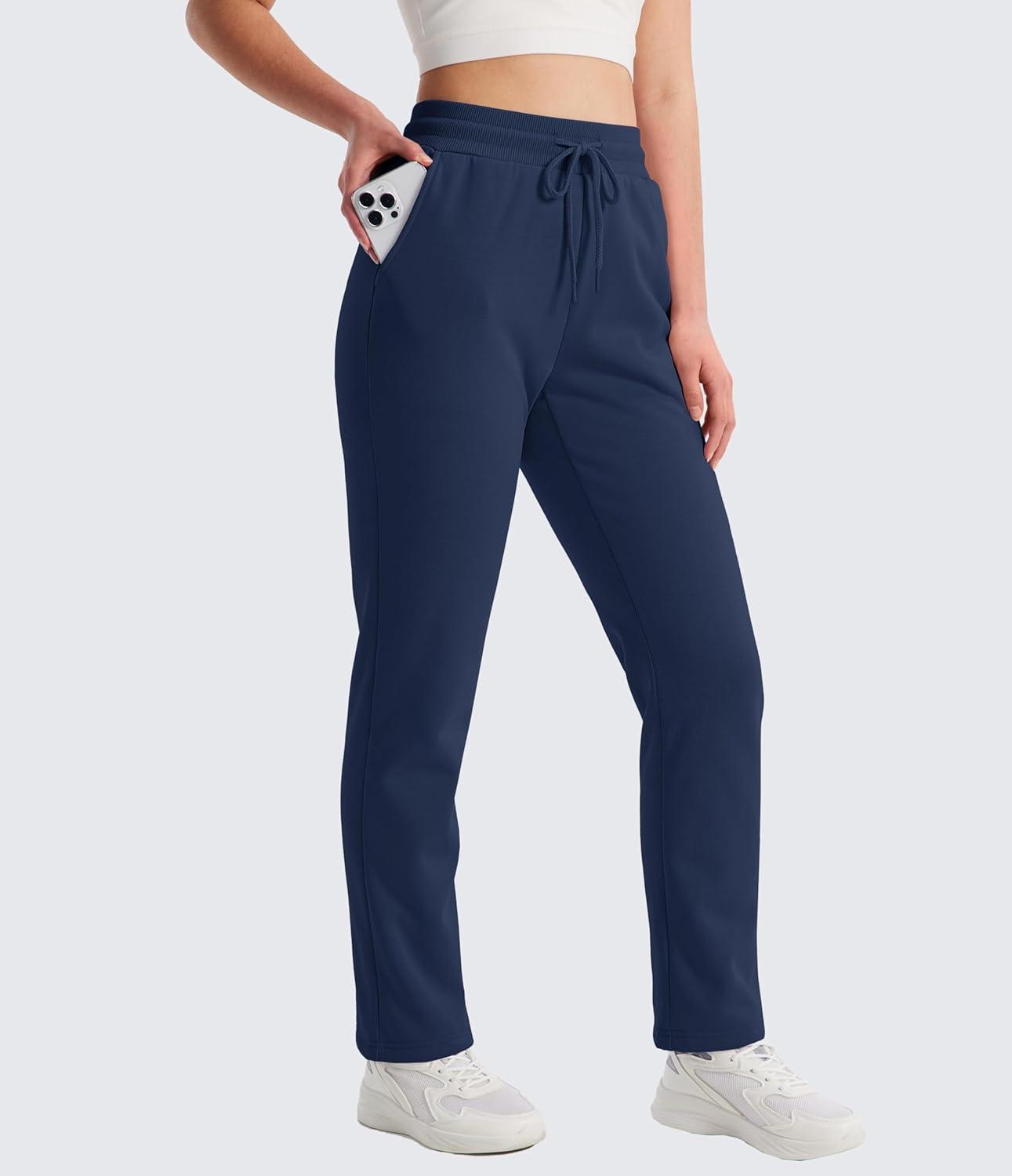 imageMAGCOMSEN Womens Sherpa Lined Sweatpants Winter Warm Fleece Pants Water Resistant Thermal Pants for Lounge Outdoor SnowNavy