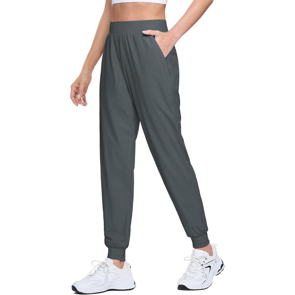 imageMAGCOMSEN Joggers for Women High Waisted Golf Pants with Zipper Pockets Quick Dry Lightweight Hiking Travel Workout PantsDark Grey