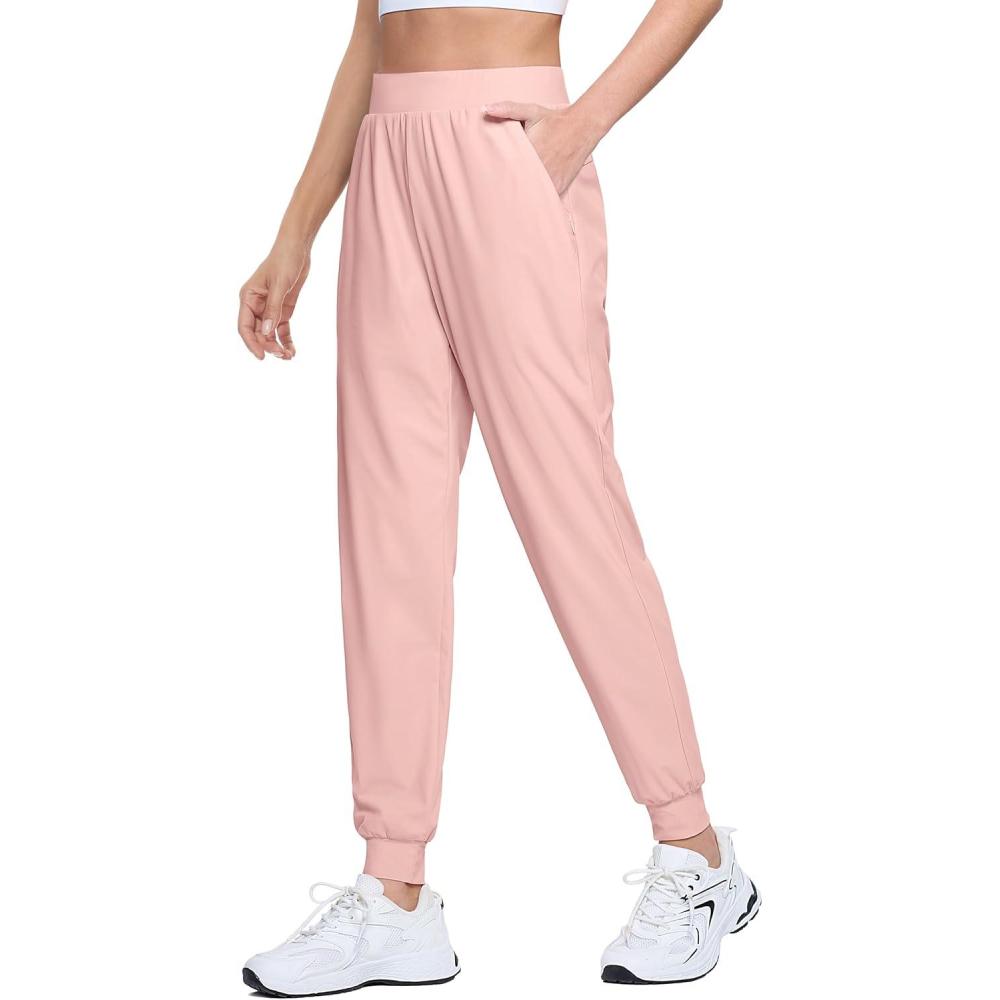 imageMAGCOMSEN Joggers for Women High Waisted Golf Pants with Zipper Pockets Quick Dry Lightweight Hiking Travel Workout PantsSmoky Pink