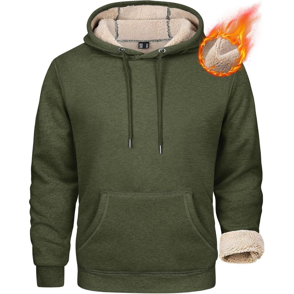 imageMAGCOMSEN Mens Heavy Hoodie Sherpa Fleece Lined Pullover Thick Winter Hooded SweatshirtArmy Green
