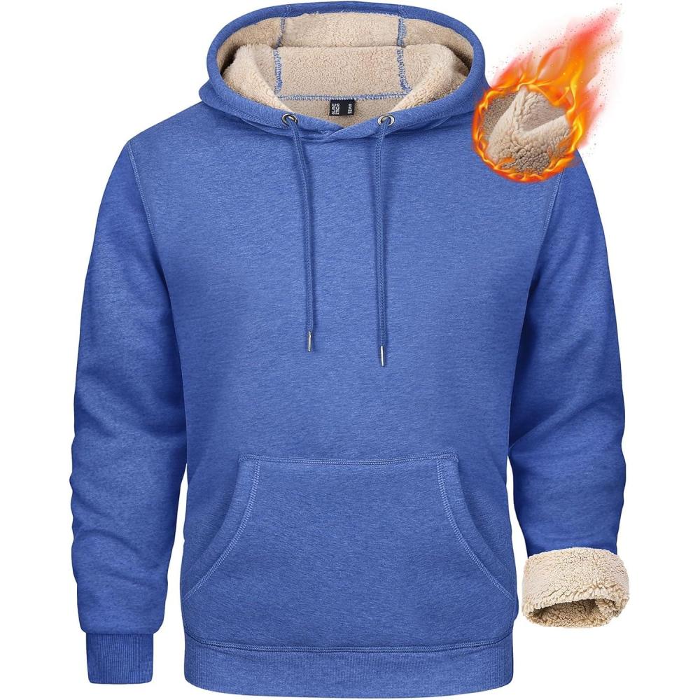 imageMAGCOMSEN Mens Heavy Hoodie Sherpa Fleece Lined Pullover Thick Winter Hooded SweatshirtGrey Blue
