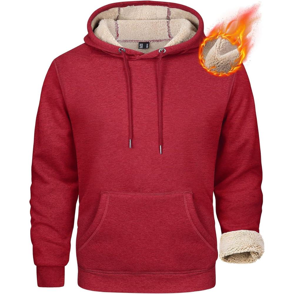 imageMAGCOMSEN Mens Heavy Hoodie Sherpa Fleece Lined Pullover Thick Winter Hooded SweatshirtTomato Red