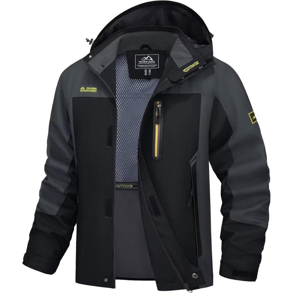 imageMAGCOMSEN Mens Hooded Windproof Water Resistant Rain Jacket Windbreaker 5 Pockets for HikingFishingTravelBlack Grey