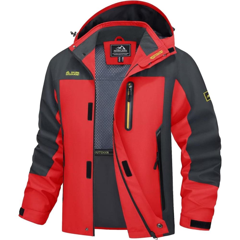 imageMAGCOMSEN Mens Hooded Windproof Water Resistant Rain Jacket Windbreaker 5 Pockets for HikingFishingTravelRed Grey