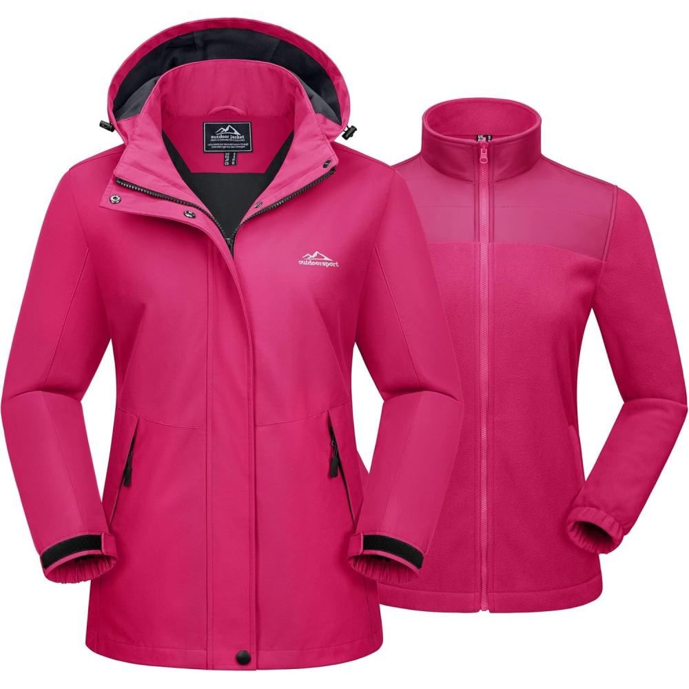 imageMAGCOMSEN Womens 3 in 1 Ski Jacket Water Resistant Winter Snow Coat Warm Fleece Lined Windproof Hiking Rain OutwearRosered
