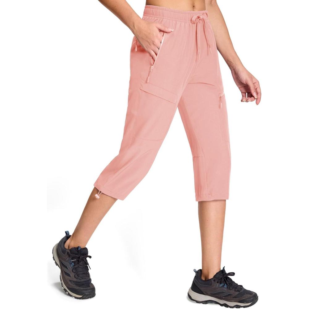 imageMAGCOMSEN Womens Capri Pants UPF 50 Lightweight Hiking Cargo Capri Joggers Quick Dry Golf Summer Pants with 5 PocketsPeach