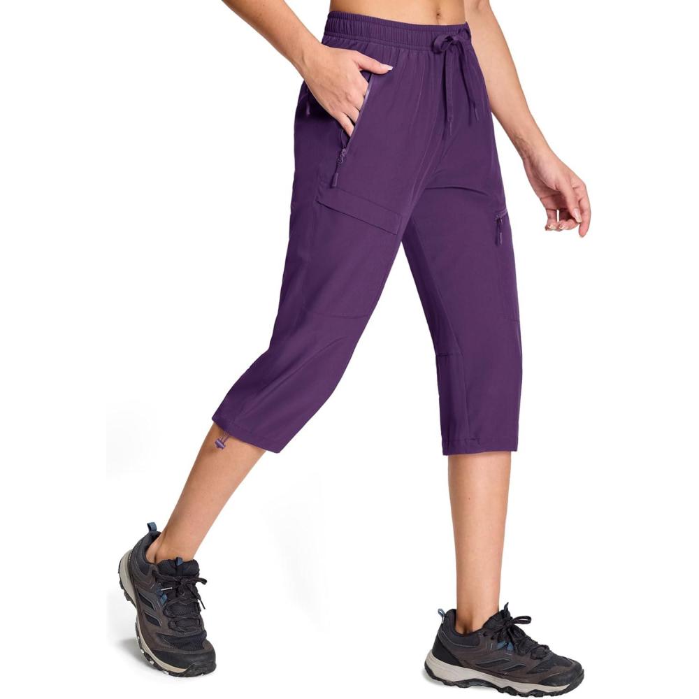 imageMAGCOMSEN Womens Capri Pants UPF 50 Lightweight Hiking Cargo Capri Joggers Quick Dry Golf Summer Pants with 5 PocketsPurple Red