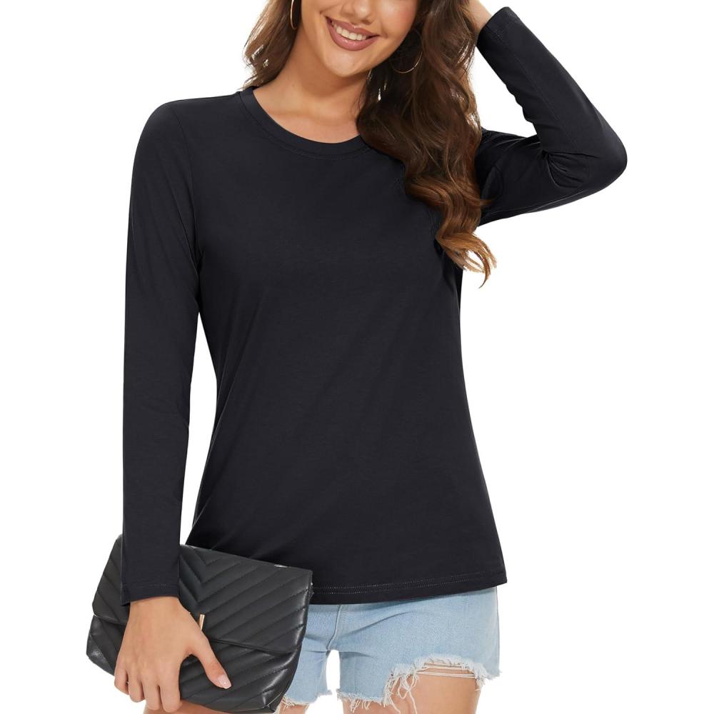 imageMAGCOMSEN Womens LongSleeve CrewNeck Cotton TShirt ClassicFit Shirt Soft Breathable Casual Tee Basic TopsBlack