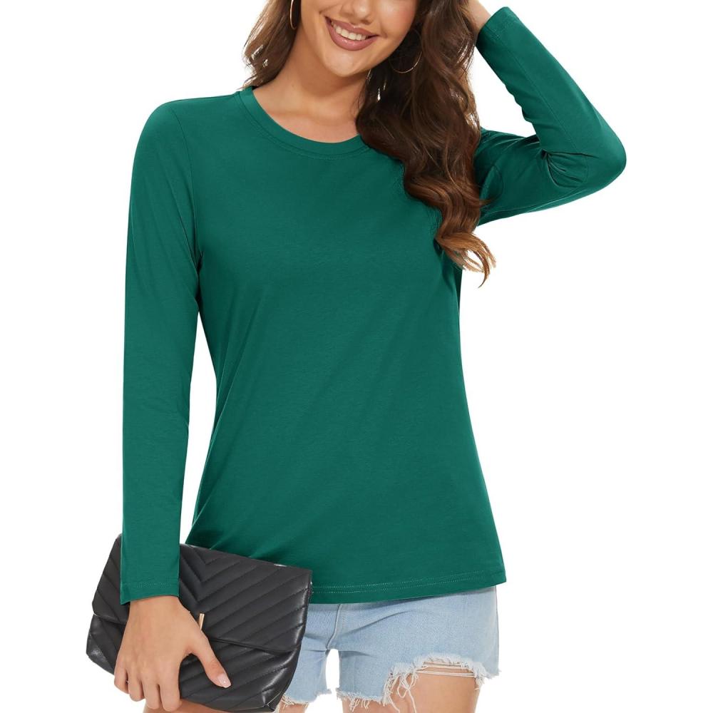 imageMAGCOMSEN Womens LongSleeve CrewNeck Cotton TShirt ClassicFit Shirt Soft Breathable Casual Tee Basic TopsEmerald Green