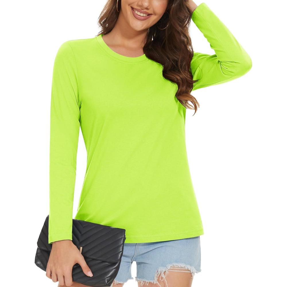imageMAGCOMSEN Womens LongSleeve CrewNeck Cotton TShirt ClassicFit Shirt Soft Breathable Casual Tee Basic TopsFluorescent Green