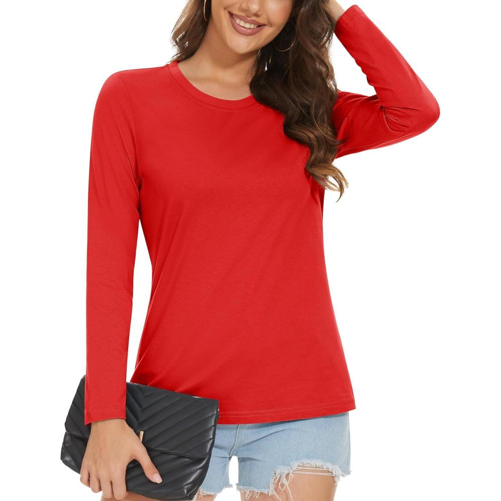 imageMAGCOMSEN Womens LongSleeve CrewNeck Cotton TShirt ClassicFit Shirt Soft Breathable Casual Tee Basic TopsTomato Red