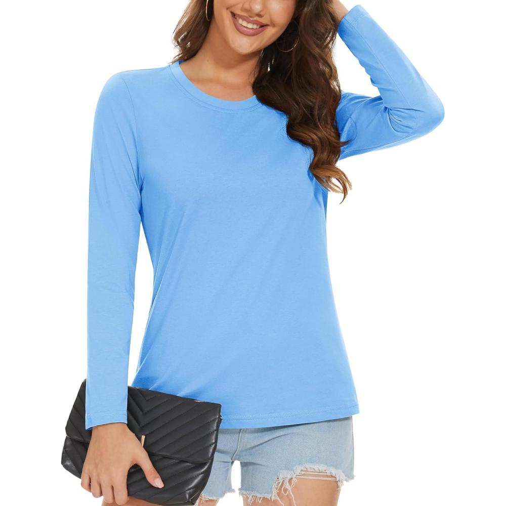 imageMAGCOMSEN Womens LongSleeve CrewNeck Cotton TShirt ClassicFit Shirt Soft Breathable Casual Tee Basic TopsWaterfall Blue