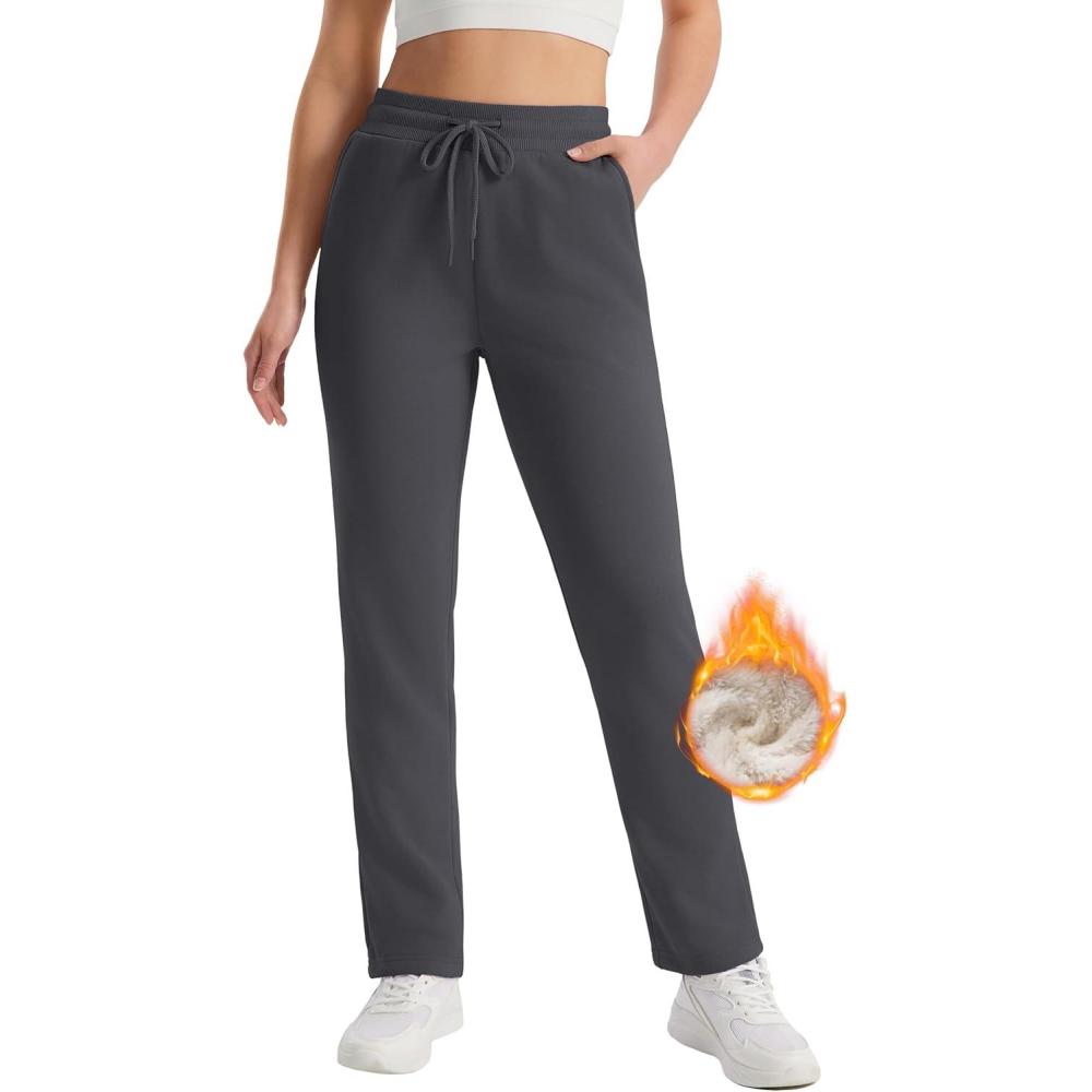 imageMAGCOMSEN Womens Sherpa Lined Sweatpants Winter Warm Fleece Pants Water Resistant Thermal Pants for Lounge Outdoor SnowDark Grey