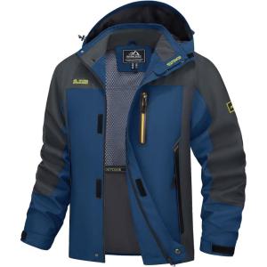 imageMAGCOMSEN Mens Hooded Windproof Water Resistant Rain Jacket Windbreaker 5 Pockets for HikingFishingTravelDenim Blue