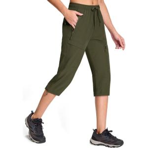 imageMAGCOMSEN Womens Capri Pants UPF 50 Lightweight Hiking Cargo Capri Joggers Quick Dry Golf Summer Pants with 5 PocketsArmy Green