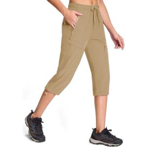 imageMAGCOMSEN Womens Capri Pants UPF 50 Lightweight Hiking Cargo Capri Joggers Quick Dry Golf Summer Pants with 5 PocketsKhaki