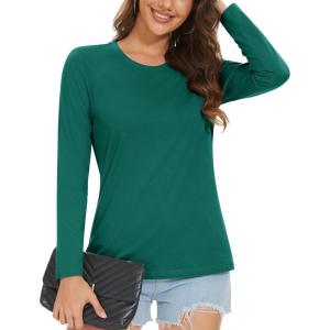 imageMAGCOMSEN Womens LongSleeve CrewNeck Cotton TShirt ClassicFit Shirt Soft Breathable Casual Tee Basic TopsEmerald Green