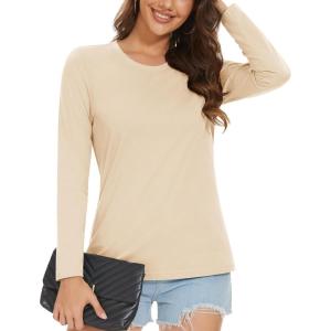imageMAGCOMSEN Womens LongSleeve CrewNeck Cotton TShirt ClassicFit Shirt Soft Breathable Casual Tee Basic TopsLight Apricot