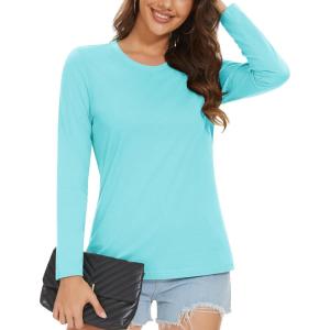 imageMAGCOMSEN Womens LongSleeve CrewNeck Cotton TShirt ClassicFit Shirt Soft Breathable Casual Tee Basic TopsLight Lakeblue