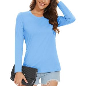 imageMAGCOMSEN Womens LongSleeve CrewNeck Cotton TShirt ClassicFit Shirt Soft Breathable Casual Tee Basic TopsWaterfall Blue
