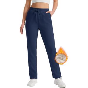 imageMAGCOMSEN Womens Sherpa Lined Sweatpants Winter Warm Fleece Pants Water Resistant Thermal Pants for Lounge Outdoor SnowNavy