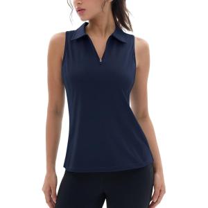 imageMAGCOMSEN Womens Golf Polo Shirts Sleeveless Racerback Zip Up UPF 50 Quick Dry Tennis Workout Athletic Tank TopsAnavy