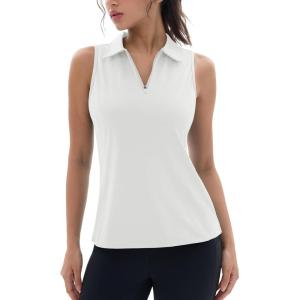 imageMAGCOMSEN Womens Golf Polo Shirts Sleeveless Racerback Zip Up UPF 50 Quick Dry Tennis Workout Athletic Tank TopsAwhite