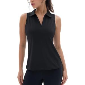 imageMAGCOMSEN Womens Golf Polo Shirts Sleeveless Racerback Zip Up UPF 50 Quick Dry Tennis Workout Athletic Tank TopsBlack
