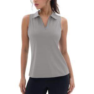 imageMAGCOMSEN Womens Golf Polo Shirts Sleeveless Racerback Zip Up UPF 50 Quick Dry Tennis Workout Athletic Tank TopsBrightgray