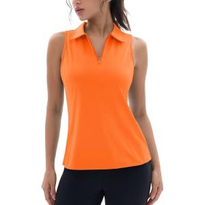 imageMAGCOMSEN Womens Golf Polo Shirts Sleeveless Racerback Zip Up UPF 50 Quick Dry Tennis Workout Athletic Tank TopsFlorange